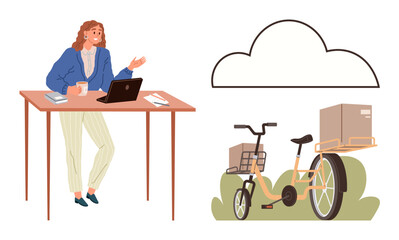 Woman at desk holding coffee cup beside laptop, cargo bike with boxes nearby, cloud suggesting online connectivity. Ideal for e-commerce, eco-delivery, logistics, teamwork, sustainability