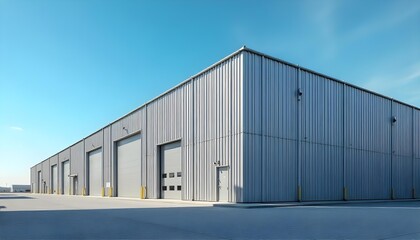 Modern Corrugated Metal Industrial Warehouse or Office Building Exterior Under Clear Blue Sky - Commercial Real Estate and Logistics Hub