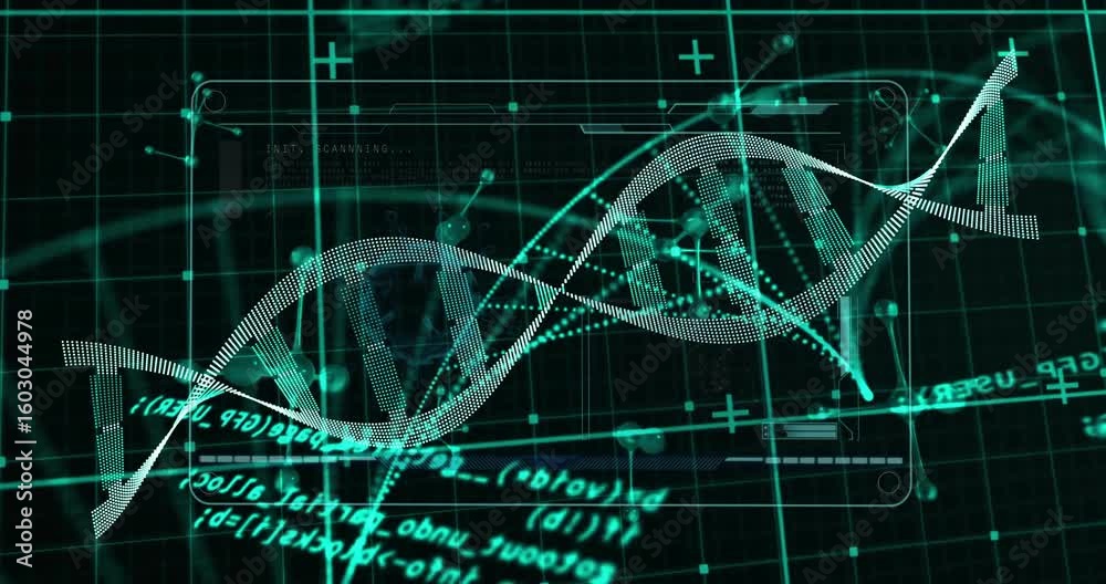 Poster dna helix emerging scanning line causing pulses centering as nodes and code intensifying for study