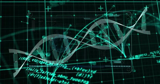 DNA helix emerging scanning line causing pulses centering as nodes and code intensifying for study