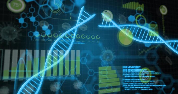 Blue DNA helices sweeping in, scrolling code, charts emerging, rotating to frame genetic analytics