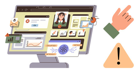 Computer screen filled with phishing attempts, bugs, warning pop-ups, and security threats. Hand pointing to risk, alert triangle icon. Ideal for cybersecurity, hacking, digital safety data