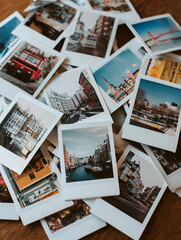 Assortment of travel polaroids spread out randomly on wooden table, overhead photo