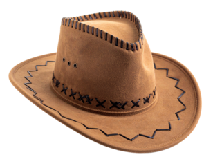 Classic brown leather cowboy hat with a curved brim isolated on a white background.