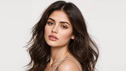 Rostro perfecto de una chica con una mirada directa y sincera, pelo castaño con reflejos y una piel fresca y luminosa, representando la juventud y la salud.