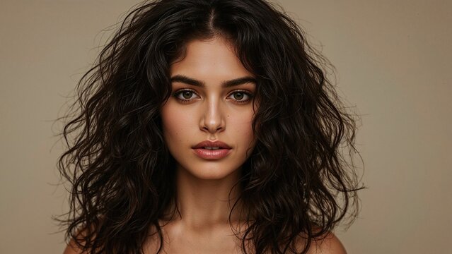 Primer plano de retrato de belleza de una joven mujer cauc&aacute;sica con piel perfecta y natural, mirando directamente a la c&aacute;mara con una expresi&oacute;n serena y segura.