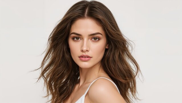 Mirada hipnótica de una joven modelo con penetrantes ojos verdes y un pelo castaño claro que flota con movimiento, sobre un fondo de estudio minimalista