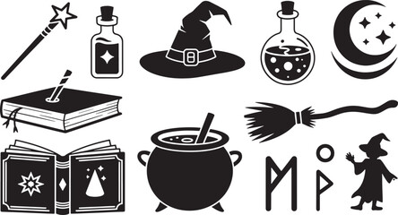 Wizardry Silhouette Collection Witchcraft Elements Potion Book Broom Cauldron Magic Wand