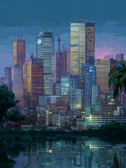 Fototapeta premium City skyline at dusk with glowing windows, digital artwork