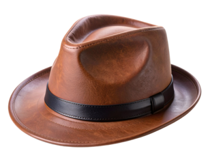 Elegant brown fedora hat with a ribbon band isolated on a white background, side view.