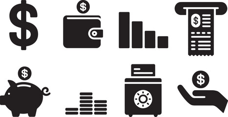 Financial Icons Silhouette Set Money Wallet Graph ATM Piggy Bank Coins Safe Hand Dollar