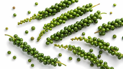 Fresh green peppercorns on a white background