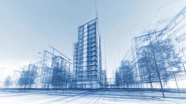 Architectural Blueprint: A detailed architectural blueprint presents a modern city, featuring towering buildings and tree-lined streets, showcasing urban design and construction plans.