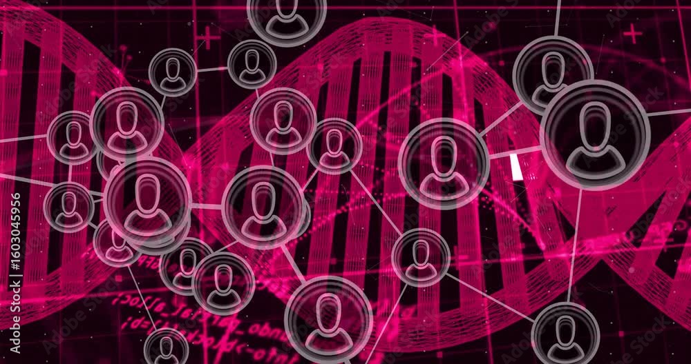 Poster rotating dna helix triggers 3d network nodes emerging and connecting for visualizing user links