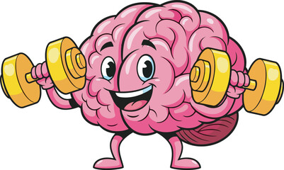 Cartoon brain character lifting weights, representing mental exercise and brainpower.