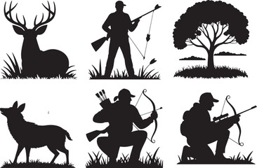 Hunting Wildlife Silhouette Vector Set Deer Hunter Bow Rifle Tree Outdoor Recreation