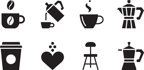 Coffee Icons Silhouette Vector Set: Cups, Pots, and Accessories for Beverage Designs