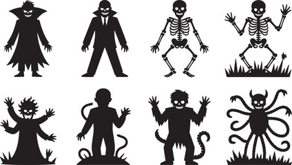 Collection of Halloween Monster Silhouettes Featuring Vampires, Skeletons, and Other Creatures