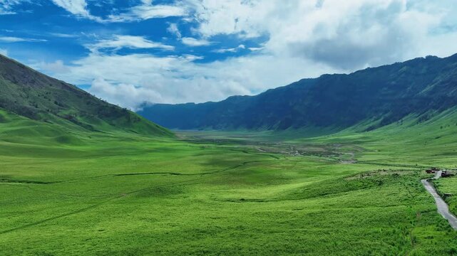 A vast expanse of rolling green savanna, known as Teletubbies Hill at Mount Bromo, is dissected by a winding, dry riverbed creating a stunning natural pattern.