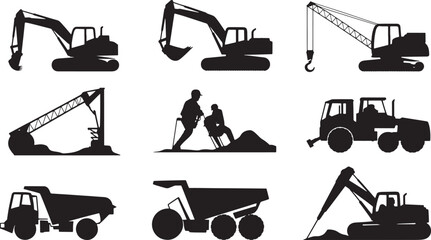 Construction Site Heavy Equipment Silhouette Collection Excavator Crane Bulldozer Dump Truck