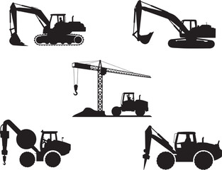Construction Machinery Silhouette Set Excavator Crane Bulldozer Tractor Heavy Equipment