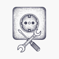 Home appliance repair icons showcasing electrical outlet alongside screwdriver and wrench. Handy tools enable home appliance repair for electricity issues at home, ensuring safety.