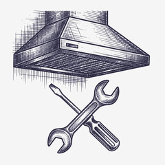 Cooker hood with crossed wrench and screwdriver depicting appliance maintenance. Home appliance repair icons illustrate cooker hood maintenance tools, including crossed wrench and screwdriver.