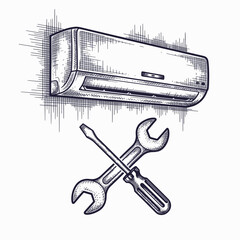 Home appliance repair icons showing air conditioner with crossed spanner and screwdriver. Home appliance repair symbols include air conditioning maintenance and installation service.