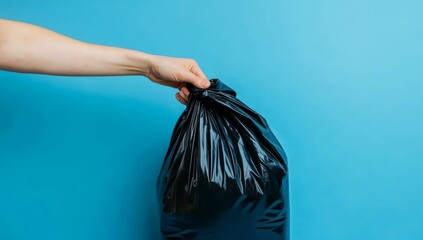Hand Holding Black Trash Bag on Blue, disposal ,waste