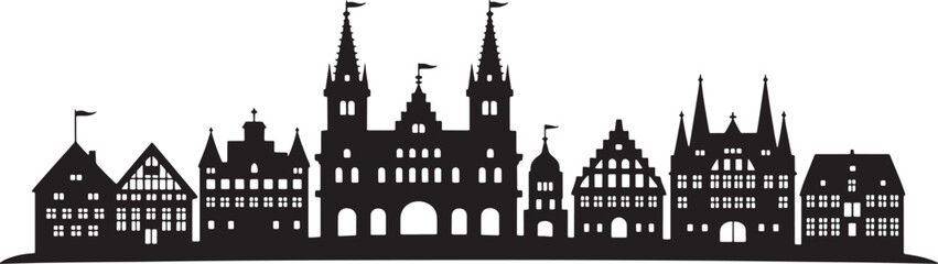 Detailed Silhouette of a European Cityscape with Historic Buildings and Towering Structures