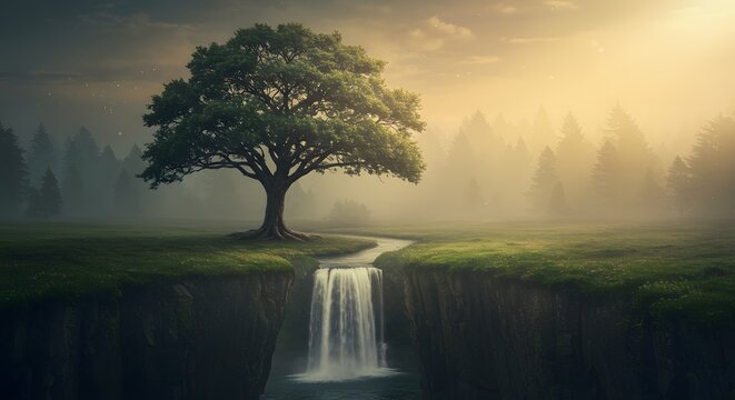 A solitary majestic tree standing at the source of a waterfall in a surreal, misty landscape - Powered by Adobe