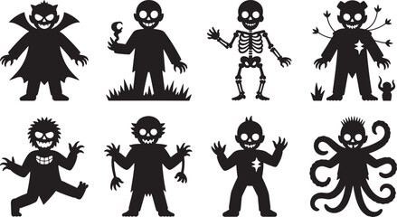 Assortment of Cartoon Halloween Monster Silhouettes Featuring Ghouls, Zombies, and Other Creatures