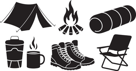Camping Essentials Vector Illustration Outdoor Adventure Gear Tent Bonfire Sleeping Bag Boots Chair
