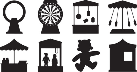 Carnival Games Silhouette Collection Funfair Attractions Black and White Vector Illustration
