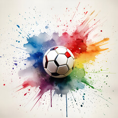 Soccer ball surrounded by colorful watercolor splashes  