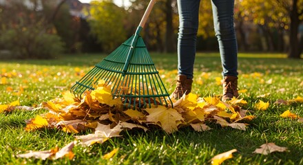 Person Raking Autumn Leaves in a Backyard