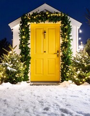 Fototapeta premium yellow door with lush green vine at Christmas night 