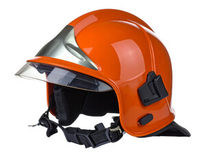 Bright orange firefighter helmet with visor, angled view, protective gear for emergencies, isolated on white.