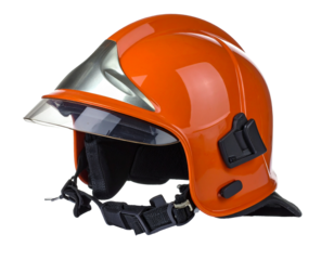 Bright orange firefighter helmet with visor, angled view, protective gear for emergencies, isolated on white.