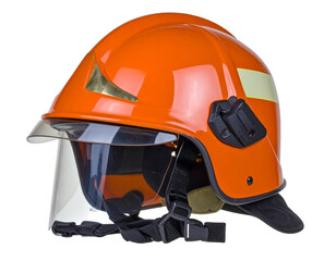 Bright orange firefighter helmet with visor, protective gear for emergencies, isolated on white.