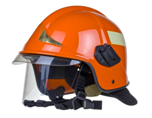 Bright orange firefighter helmet with visor, protective gear for emergencies, isolated on white.