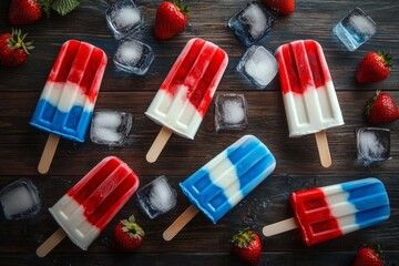 Red, White and Blue Popsicles Flat Lay with Strawberries and Ice, Summer ,Treats