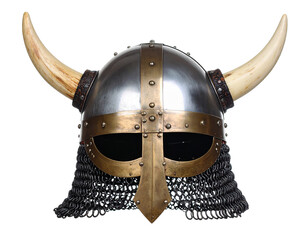 Ancient Viking helmet with horns and metal details, angled view, a symbol of Norse warriors,...