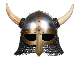 Ancient Viking helmet with horns and metal details, angled view, a symbol of Norse warriors, isolated on white.