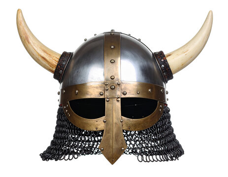 Ancient Viking helmet with horns and metal details, angled view, a symbol of Norse warriors, isolated on white.