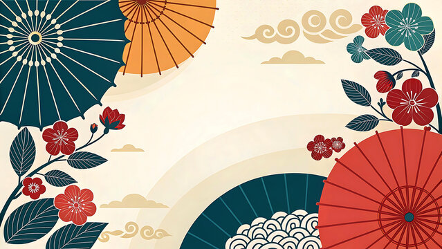 Traditional japanese umbrellas and cherry blossoms with stylized clouds background