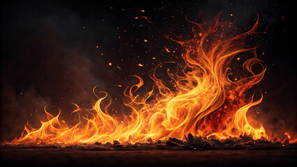 Intense orange and yellow flames erupting with smoke and embers against a dark background