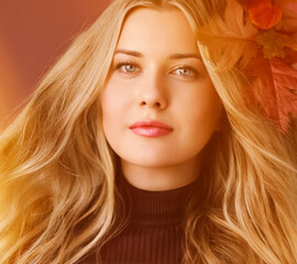 Fototapeta premium Autumn season beauty skincare and hair care, cosmetics and autumnal fashion, beautiful woman, blue eyes and blonde hairstyle, model natural face make-up