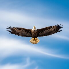 Fototapeta premium Majestic Bald Eagle Soaring Against Blue Sky