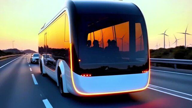 A futuristic electric bus in motion, with a sleek design and large glass windows. The bus is surrounded by a landscape of wind turbines, indicating a focus on sustainable energy.